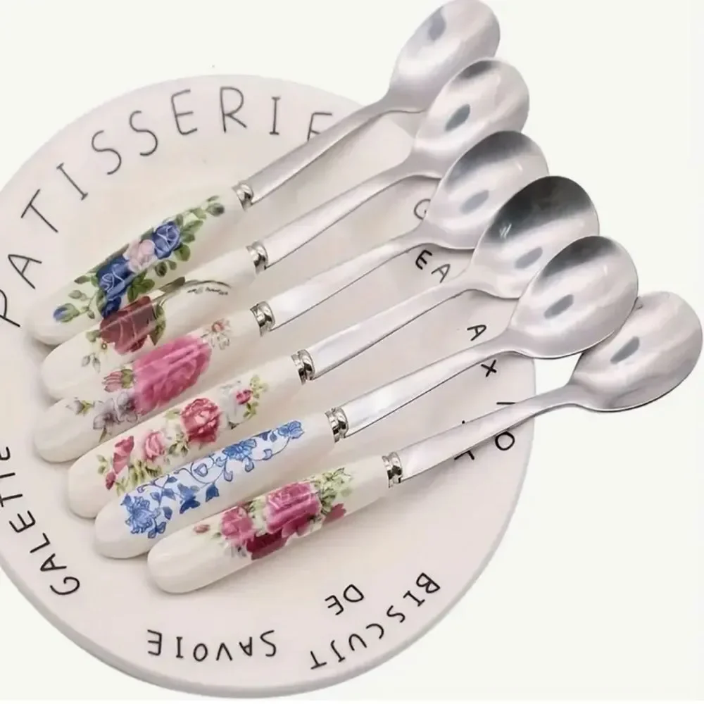 6 PCS  Floral Ceramic Spoons